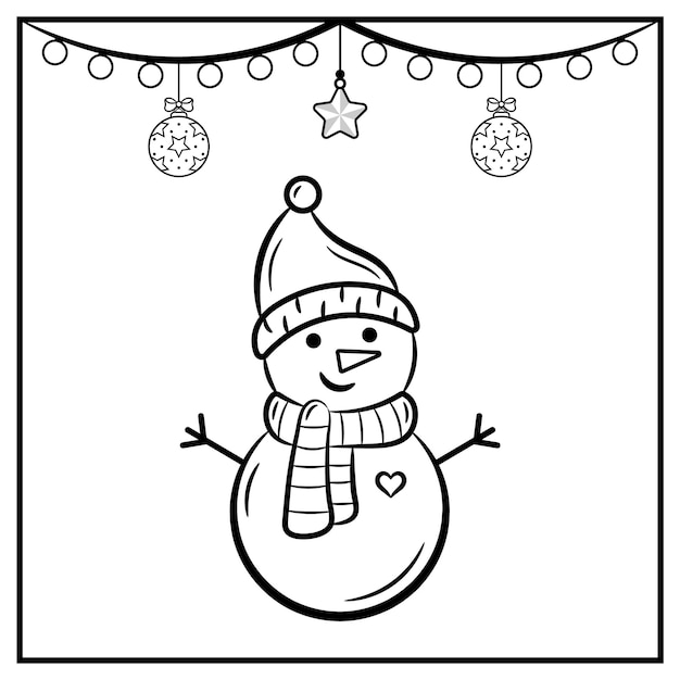 Desenho de boneco de neve de natal com enfeites para colorir