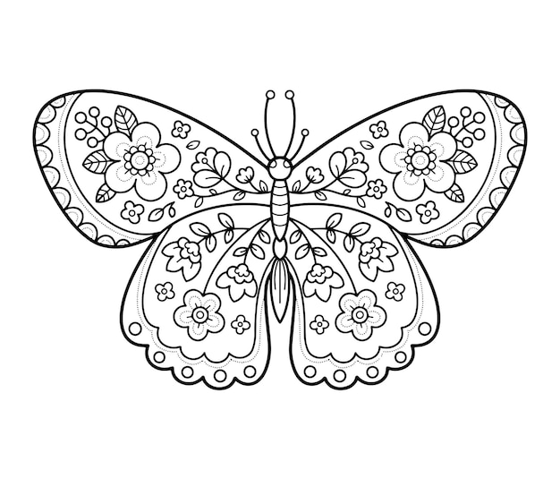 Desenho de borboleta com flores para colorir e imprimir