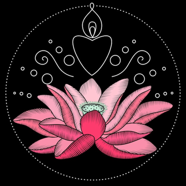 Desenho de bordado de flor de lótus. Padrão bordado para patches, tecido, estampas têxteis.
