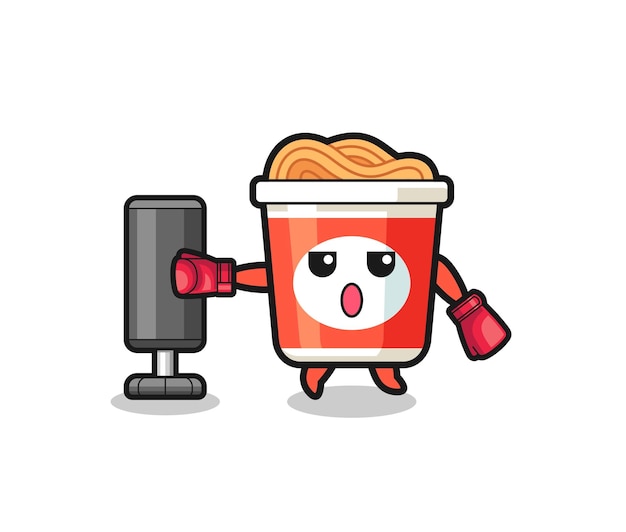 Desenho de boxer de macarrão instantâneo fazendo treinamento com saco de pancadas