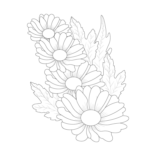 Desenho de buquê margarida flor para colorir página com lápis decorativo desenhado à mão linha arte vetor
