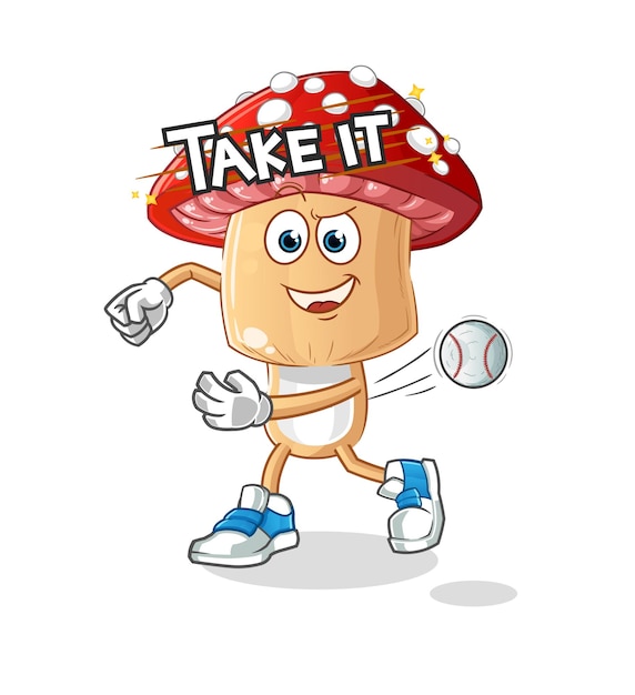 Desenho de cabeça de cogumelo vermelho jogando vetor de beisebol. personagem de desenho animado