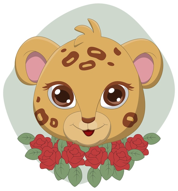 Vetor desenho de cabeça de leopardo fofo com flores