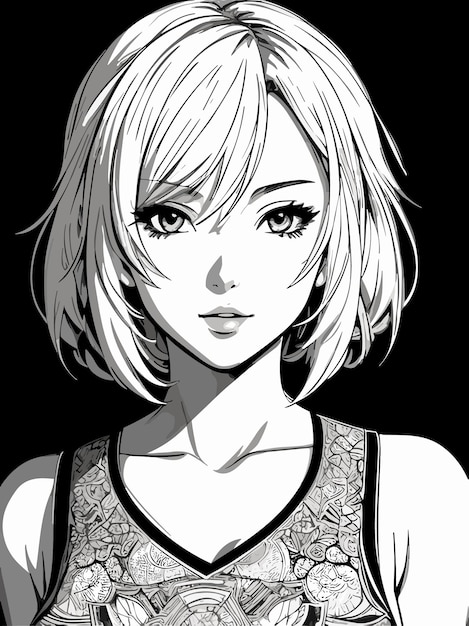 Desenho de cabelo curto feminino fofo ilustração de arte em estilo anime  preto e branco