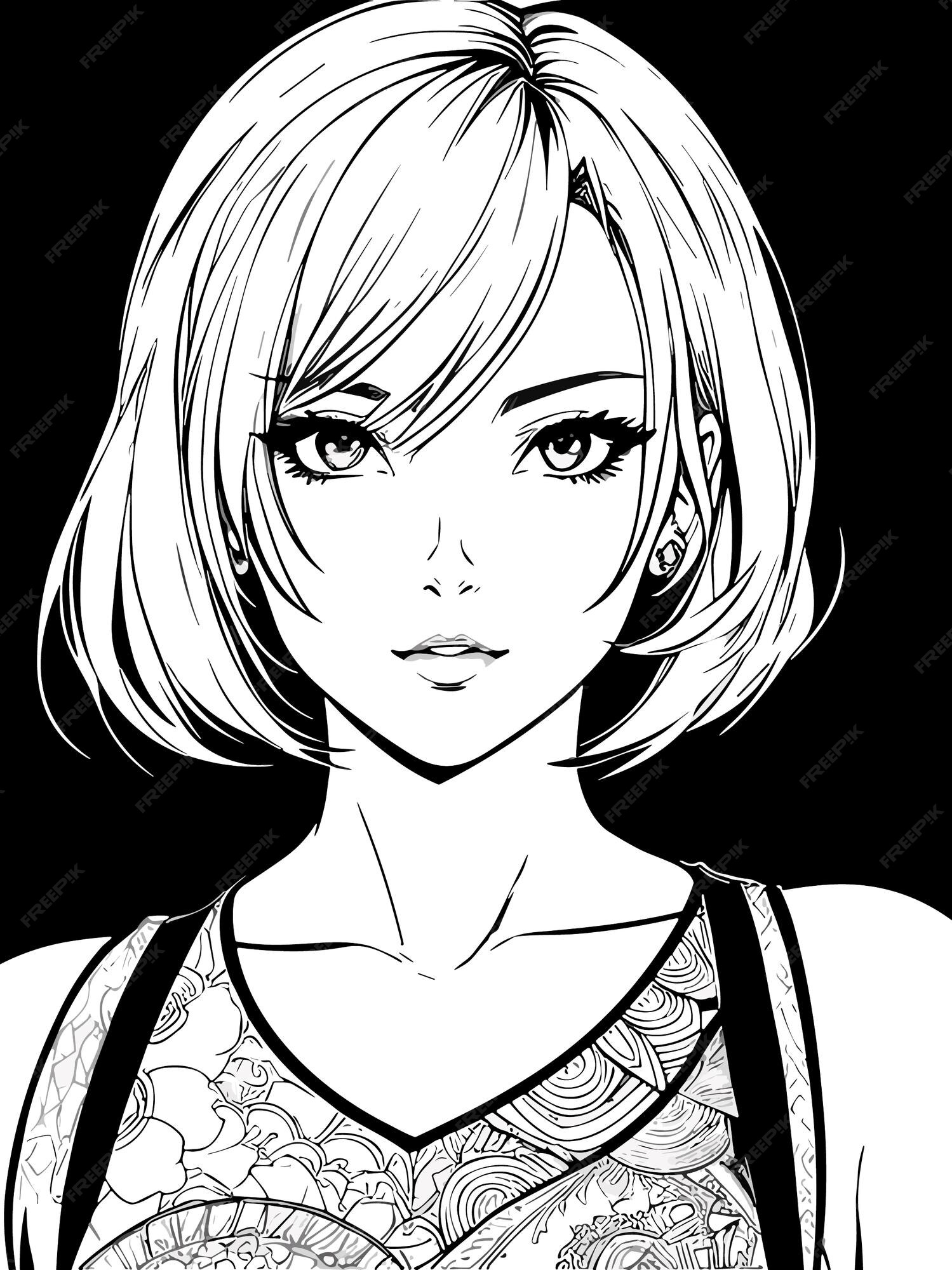 Desenho de cabelo curto feminino fofo ilustração de arte em estilo anime  preto e branco