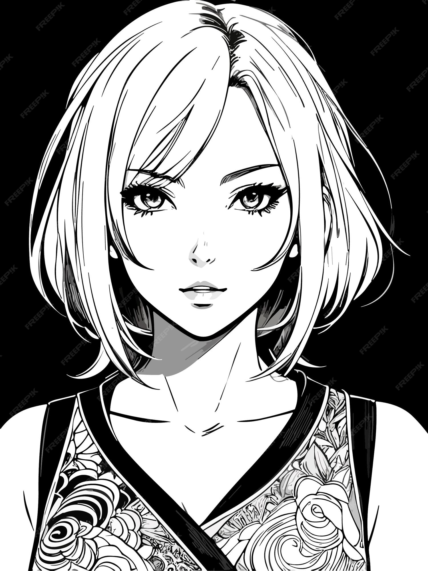 Desenho de cabelo curto feminino fofo ilustração de arte em estilo anime  preto e branco