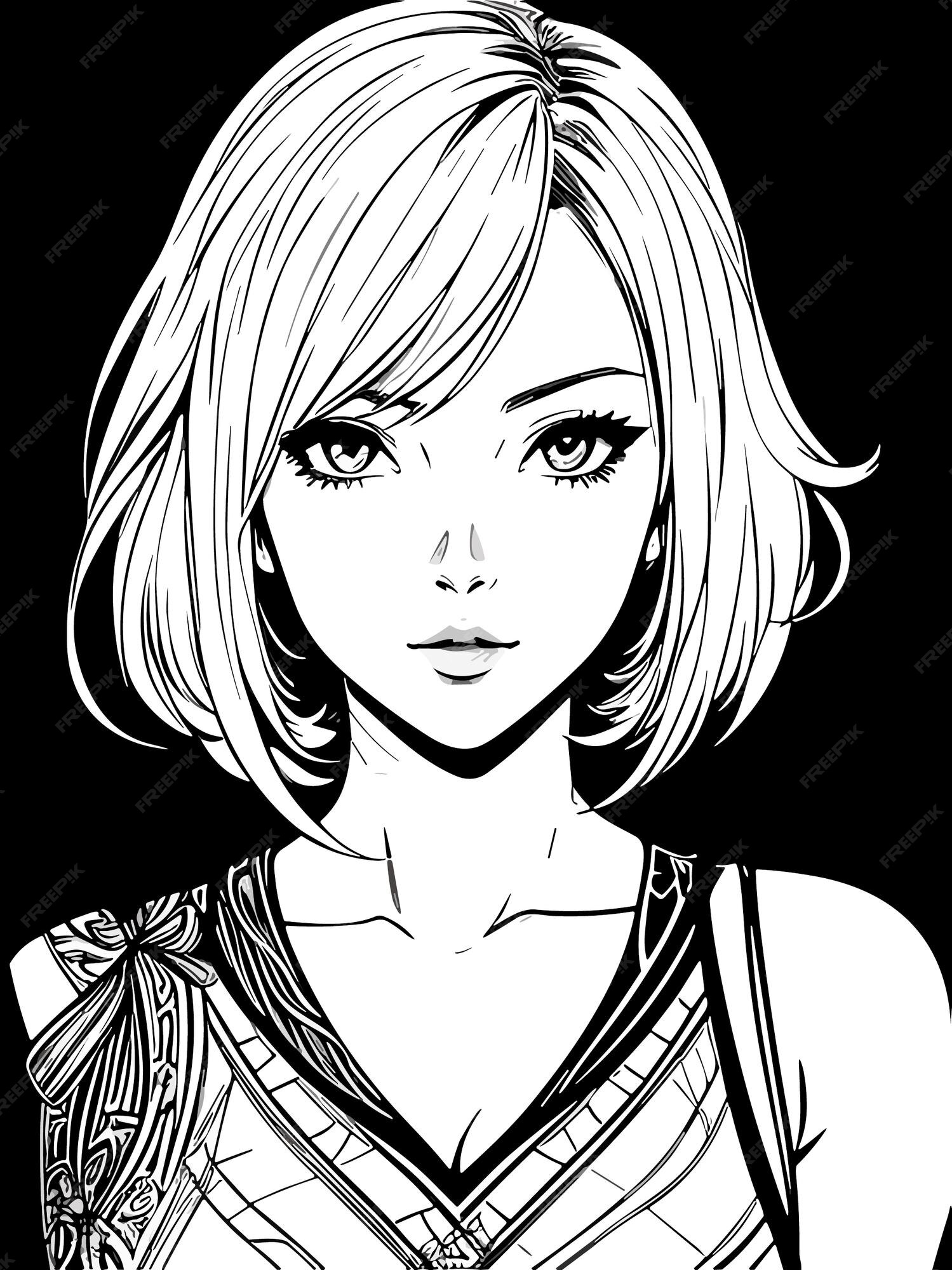 Desenho de cabelo curto feminino fofo ilustração de arte em estilo anime  preto e branco