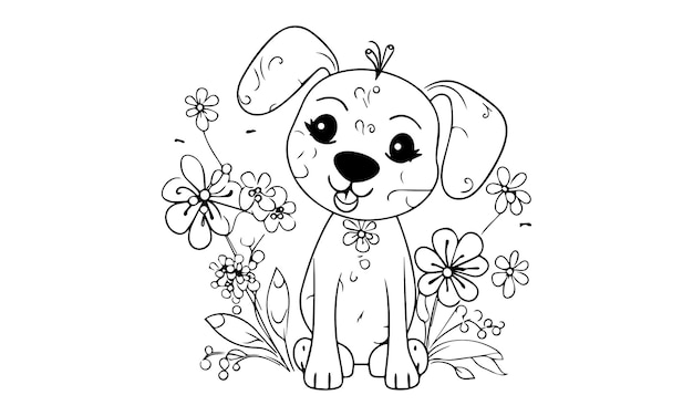 Desenho de cachorro em flores para colorir para crianças