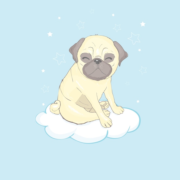 Desenho de cachorro Pug em uma nuvem