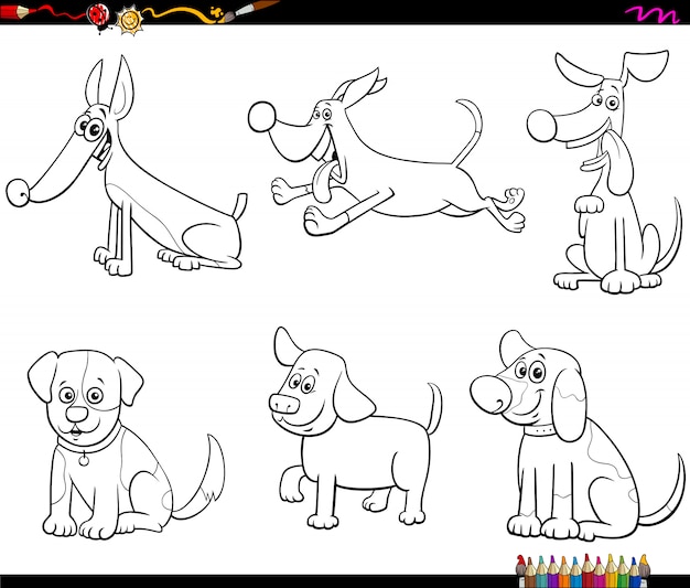 Desenho de cães e filhotes para colorir página de livro