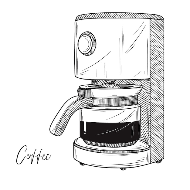 Desenho de cafeteira em fundo branco. ilustração em estilo de desenho.