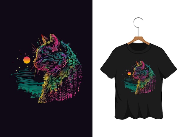 Vetor desenho de camiseta de ilustração de gato colorido