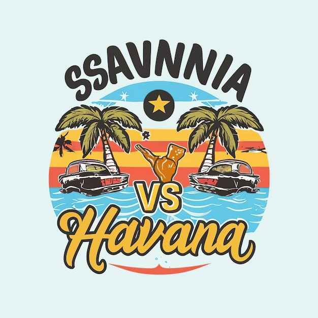 Desenho de camiseta de ilustração vetorial 2d com letras savana vs Havana com elemento de bandeira praia