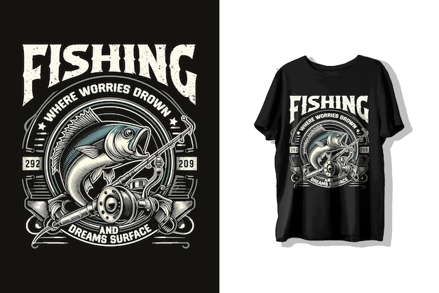 Vetor desenho de camiseta de pesca incrível ou etiqueta de camiseta de pescador estilo retro vintage