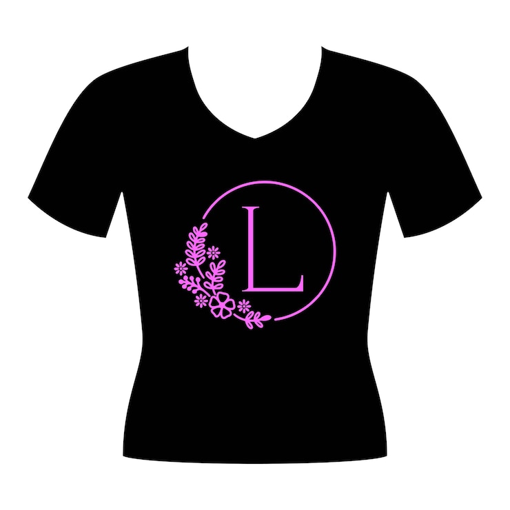 Vetor desenho de camiseta preta com monograma de flor tipográfico