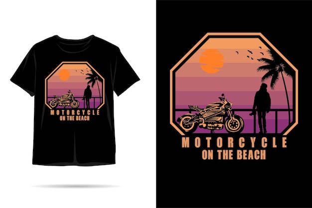 Desenho de camiseta silhueta de motocicleta na praia