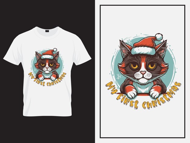 Desenho de camiseta vector merry christmas com ilustração de gato fofo
