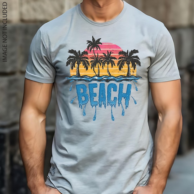 Vetor desenho de camiseta vetorial de verão de praia com palmeira