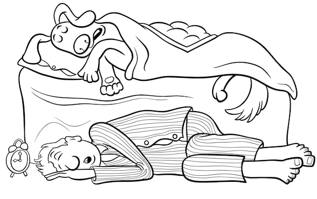 Desenho de cão de desenho animado dormindo na cama e seu dono no chão