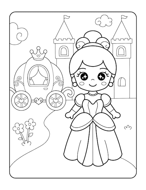 Desenho de carruagem de princesa e castelo para colorir e imprimir