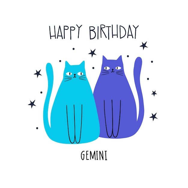 Vetor desenho de cartão de felicitações de aniversário com gato de desenho animado do zodíaco gêmeos e letras feliz aniversário