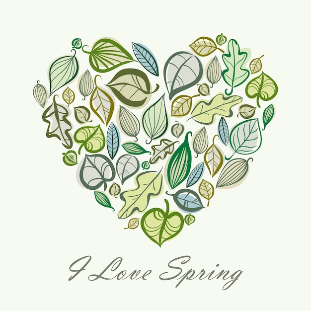 Desenho de cartão de primavera com coração feito de folhas, ilustração vetorial.