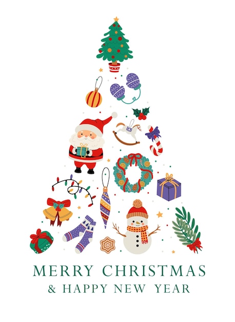 Desenho de cartão de saudação de Natal Ilustração de árvore festiva Ilustração vetorial em fundo branco