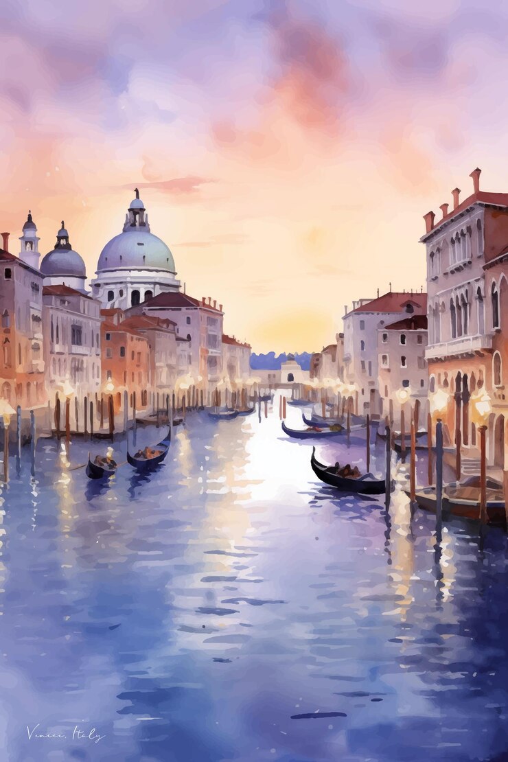 Vetor desenho de cartão postal aquarelado de gôndolas venezianas sob um céu suave do pôr-do-sol