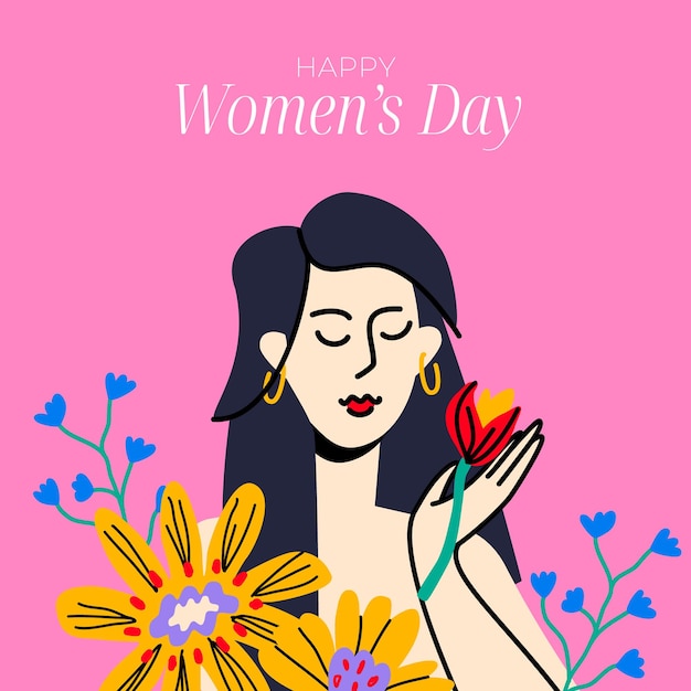 Desenho de cartão postal do Dia Internacional da Mulher Mulher segurando tulipa em ambientes de flores ousadas