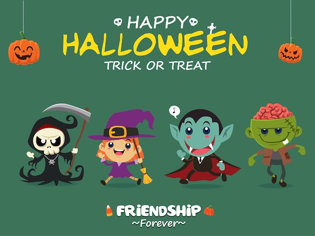 Desenho de cartaz de Halloween vintage com personagem vector reaper bruxa vampiro zombie