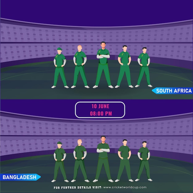 Vetor desenho de cartaz publicitário do jogo entre a áfrica do sul e a equipe de críquete de bangladesh no estádio