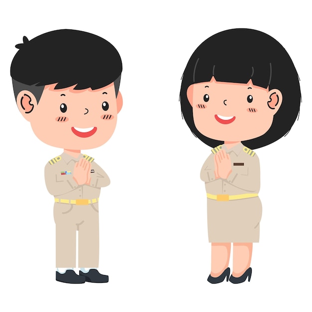 Desenho de casal fofo de uniforme do governo tailandês