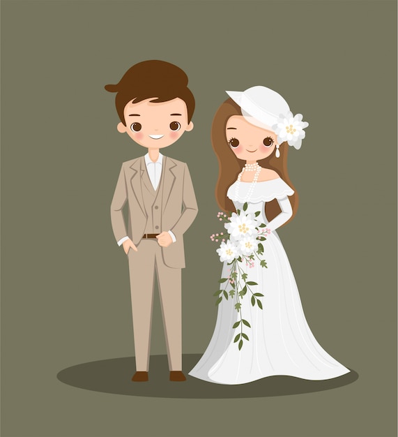 Vetor desenho de casal fofo no vestido vintage para cartão de casamento inviation