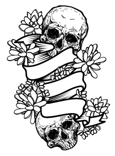 Desenho de caveira e flores desenho de mão com ilustração de arte de linha isolada