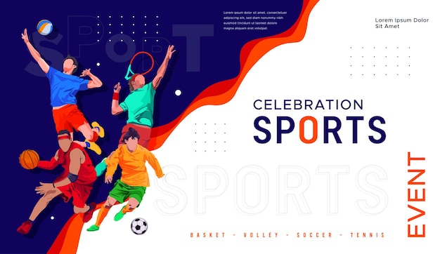 Desenho de celebração do Dia Nacional do Esporte com ilustrações de basquete, futebol e vôlei