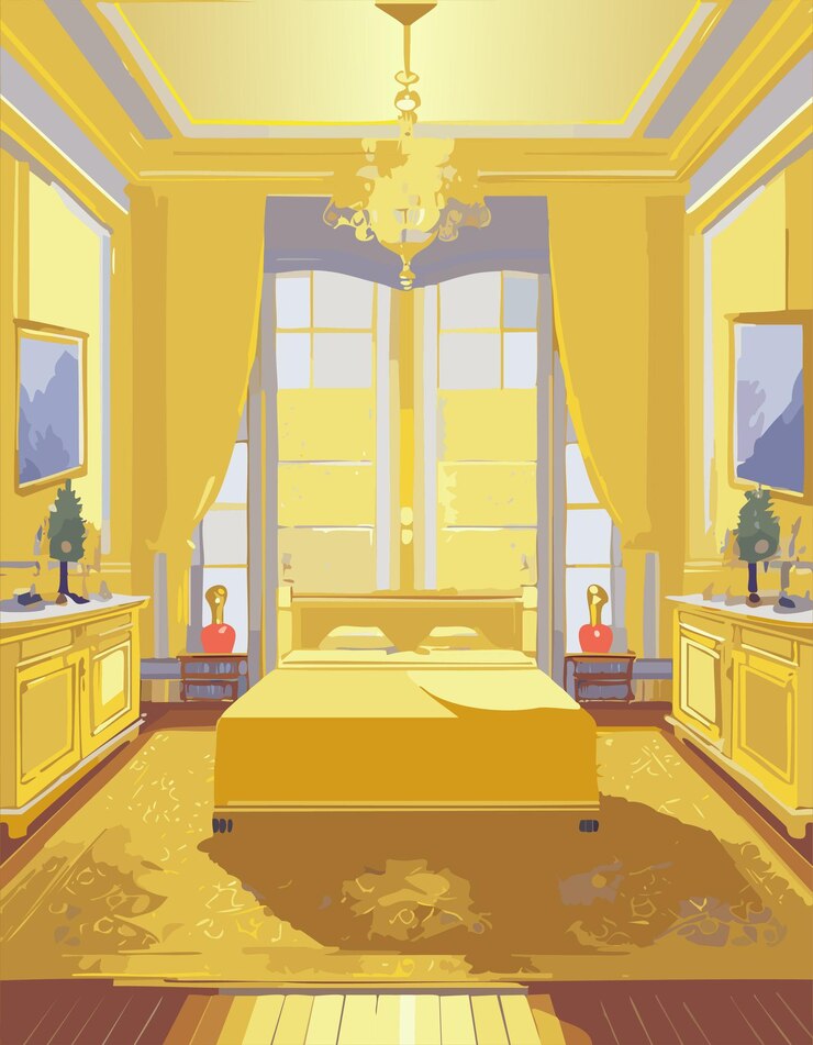 Vetor desenho de cenário de fundo de quarto interior aconchegante de desenho animado colorido com móveis cama e janela