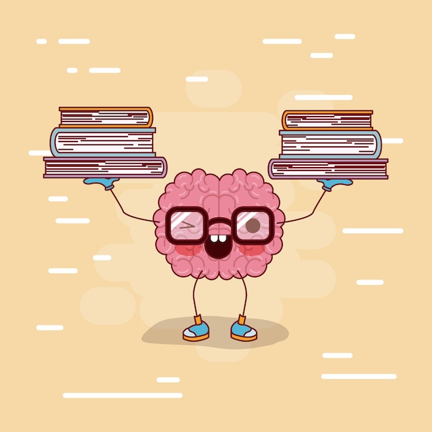 Vetor desenho de cérebro com óculos com livros