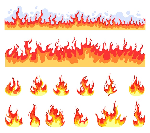 Desenho de chama de fogo queimar conceito de conjunto isolado quente ilustração de elemento de design gráfico de desenho animado