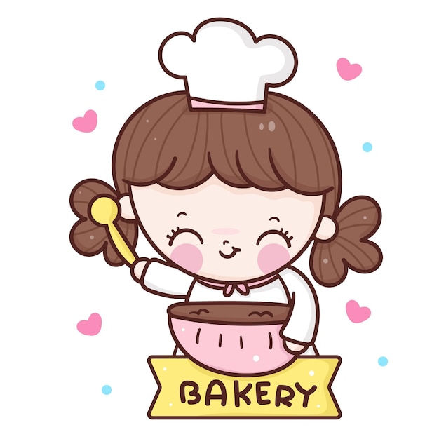 Desenho de chef fofa garota cozinhando padaria estilo kawaii