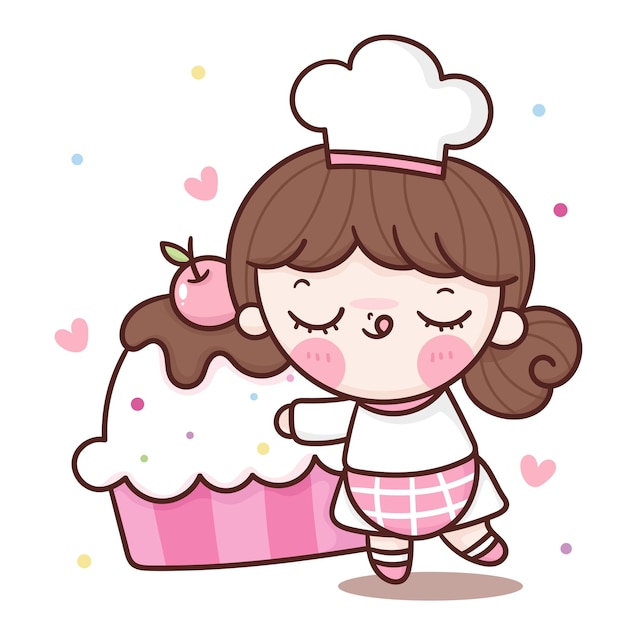 Vetor desenho de chef linda garota abraça bolo de aniversário gigante estilo kawaii