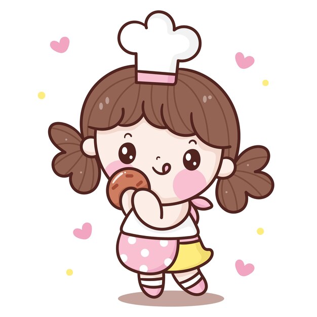 Desenho de chef linda garota comendo biscoito caseiro estilo kawaii