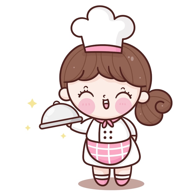 Desenho de chef linda garota servindo mascote da confeitaria kawaii