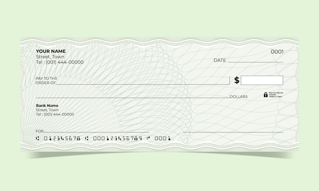 Vetor desenho de cheque em branco, cheque bancário, linha de ondas, desenho de guiloche vetorial para um certificado ou nota de banco