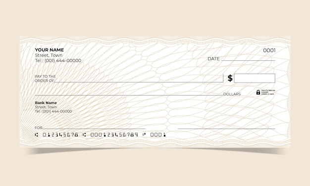 Vetor desenho de cheque em branco, cheque bancário, linha de ondas, desenho de guiloche vetorial para um certificado ou nota de banco