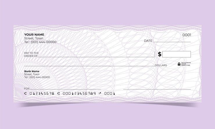 Vetor desenho de cheque em branco, cheque bancário, linha de ondas, desenho de guiloche vetorial para um certificado ou nota de banco