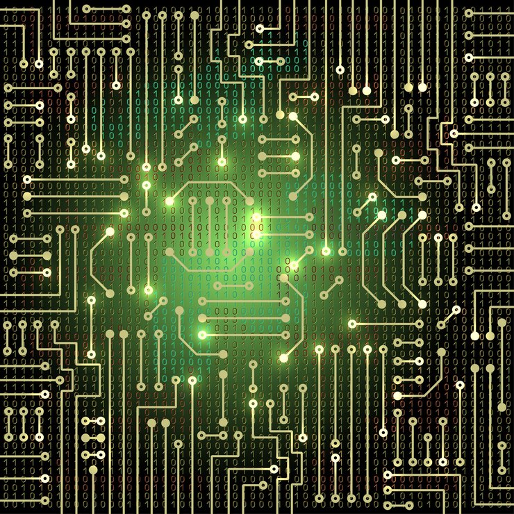 Vetor desenho de circuito eletrônico moderno e código binário em fundo azul sujo