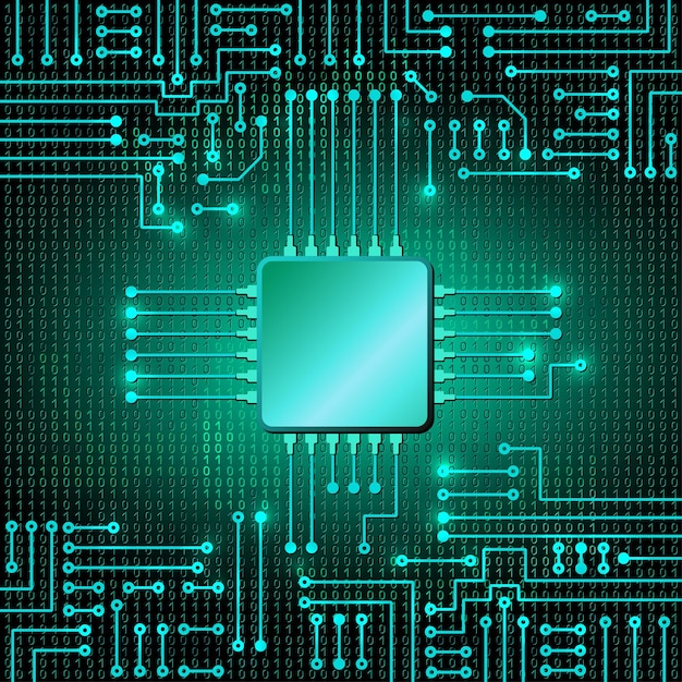 Desenho de circuito eletrônico moderno e código binário em fundo azul