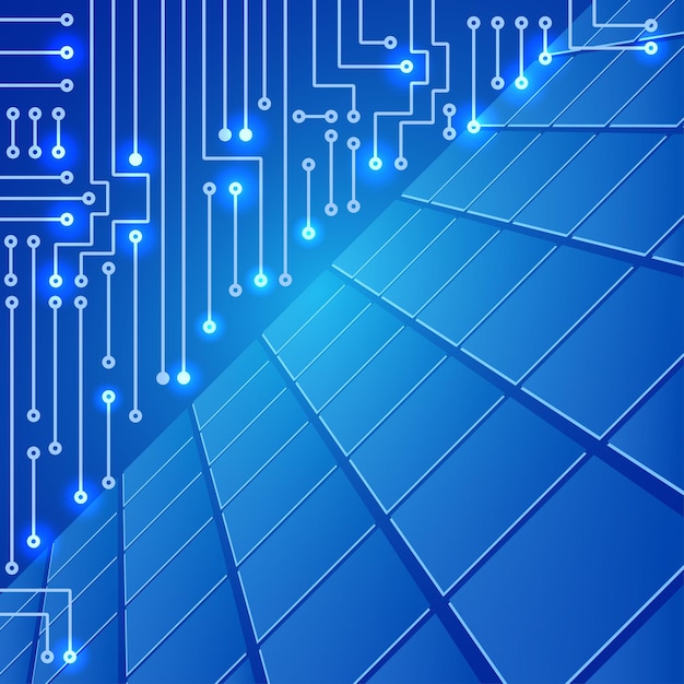 Desenho de circuito eletrônico moderno em padrão de células e fundo azul brilhante