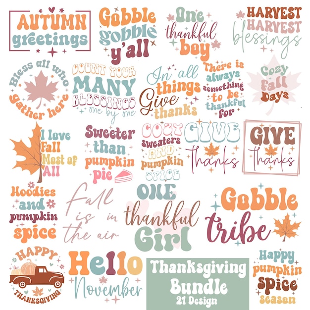 Vetor desenho de citações de ação de graças bundle fall quote design autumn quote design.