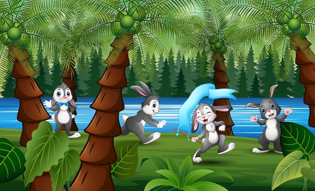 Desenho de coelhos felizes brincando em uma floresta